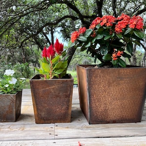 Patina Metal Planter Pots, Tapered, with Drain Pan/Saucer