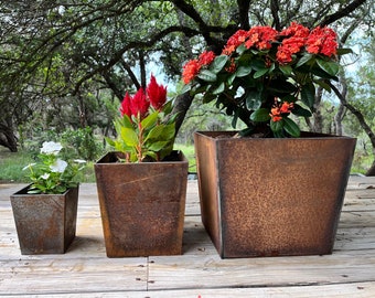 Patina Metal Planter Pots, Tapered, with Drain Pan/Saucer