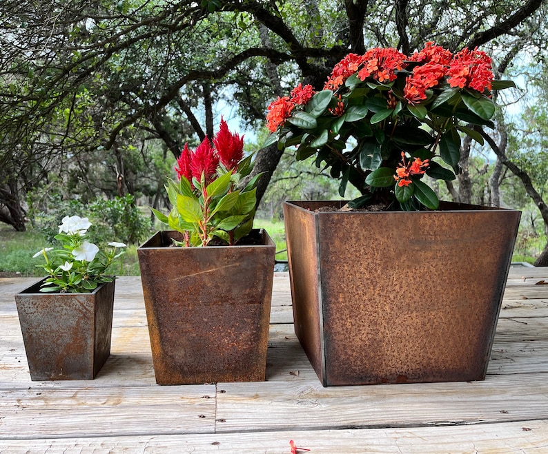 Patina Metal Planter Pots, Tapered, with Drain Pan/Saucer