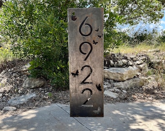 Butterfly Address Column, Address Sign, Lighted Garden Pillar
