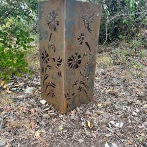 Hummingbird Garden Column, Well Cover, Metal Yard Art, Outdoor Lantern