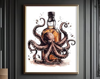 Bourbon printable wall art, whiskey Wall Art, Bourbon Lover gift, Man Cave Print, Bartender Gift, Bourbon Art, Octopus wall art, Kraken art