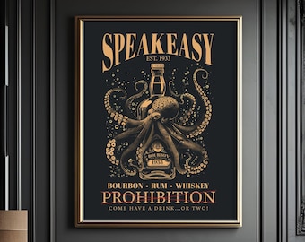 Bourbon printable wall art, whiskey Wall Art, Bourbon Lover gift, Man Cave Print, Bartender Gift, Bourbon Art, Kraken art, Octopus wall art