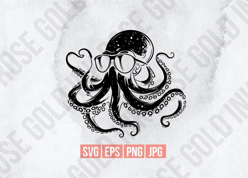 Puede incluir: Ilustraci&oacute;n en blanco y negro de un pulpo con gafas de sol. El pulpo tiene un patr&oacute;n de cielo estrellado en la cabeza.
