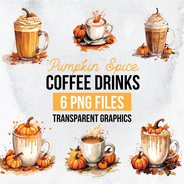 Pumpkin Spice Coffee Clipart Pack, Transparent Background, Watercolor Autumn Drinks, Fall Spice Latte, High-Quality PNG, Fall Coffee Clipart