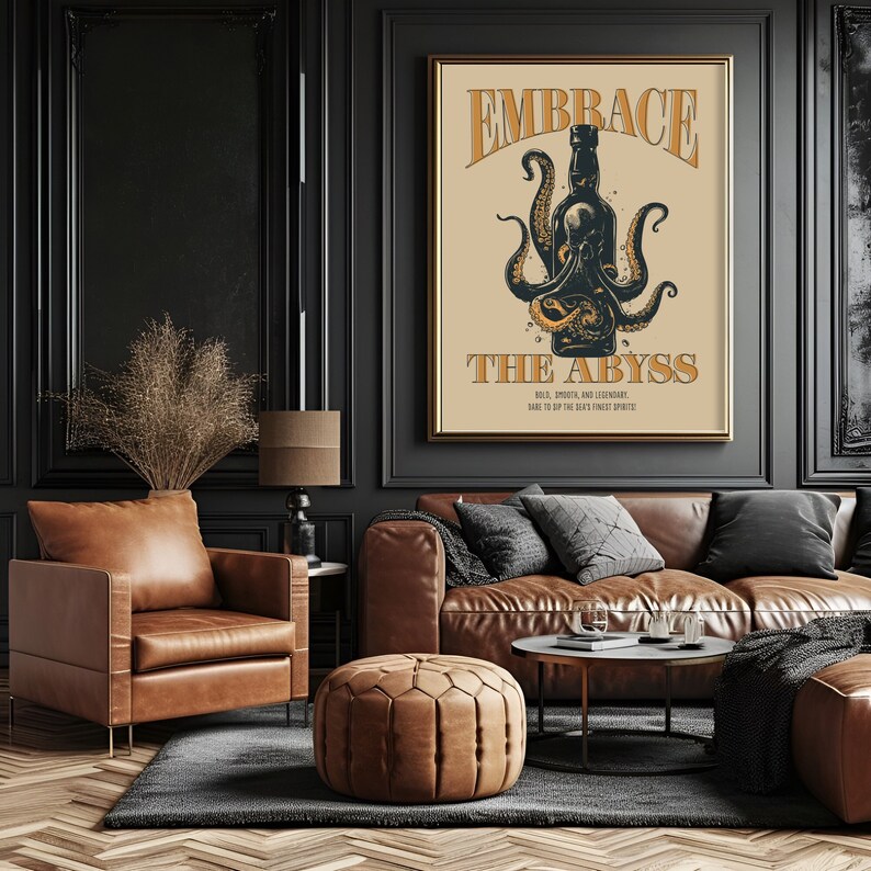 Bourbon printable wall art, Bourbon Lover gift, Man Cave Print, Bartender Gift, Bourbon Art, Kraken art, Octopus wall art, whiskey Wall Art image 1