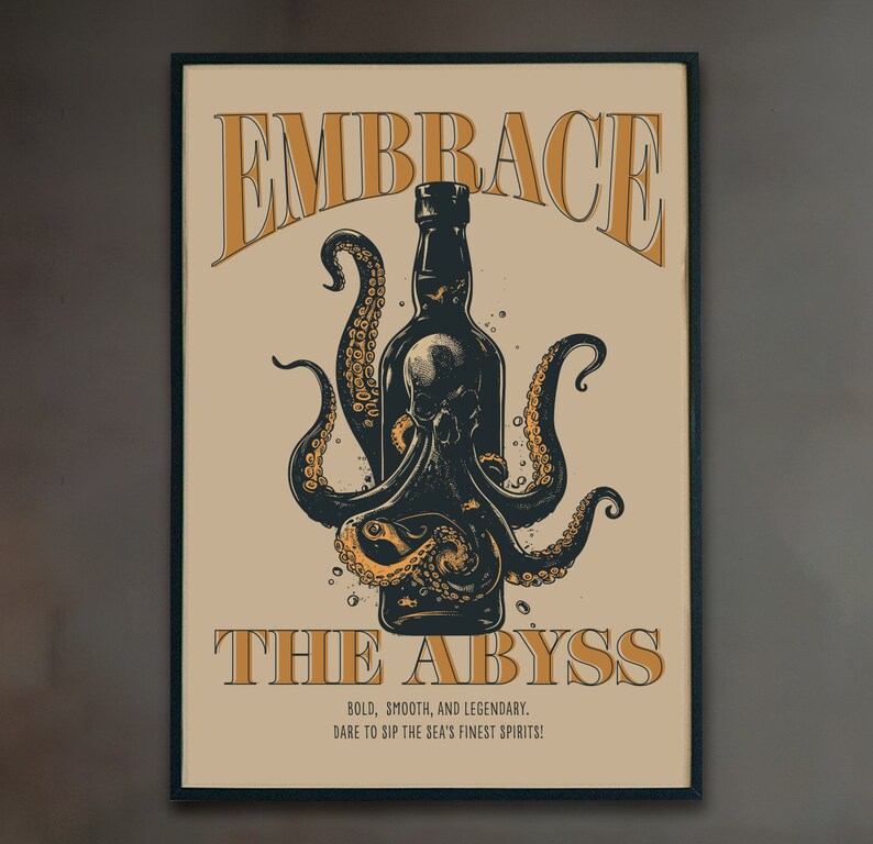 Bourbon printable wall art, Bourbon Lover gift, Man Cave Print, Bartender Gift, Bourbon Art, Kraken art, Octopus wall art, whiskey Wall Art image 2