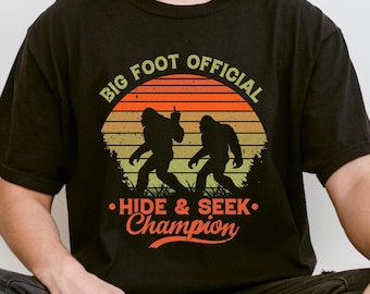 Bigfoot Hide and Seek Champion Shirt, Sasquatch Funny Graphic T, Cryptid Lover Gift, Vintage Retro Style Bigfoot T-shirt, Outdoors Adventure