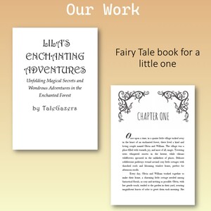 May include: A book cover with a whimsical illustration of a village nestled in a forest. The title is "LILA'S ENCHANTING ADVENTURES" and the subtitle is "Unfolding Magical Secrets and Wondrous Adventures in the Enchanted Forest". The book is by Tale Gazers.