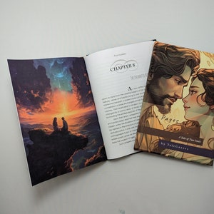 May include: A paperback book titled "The Pages of Our Love: A Tale of Two Souls" by TaleGazers. The cover features a romantic illustration of a couple looking at each other with a starry sky background.