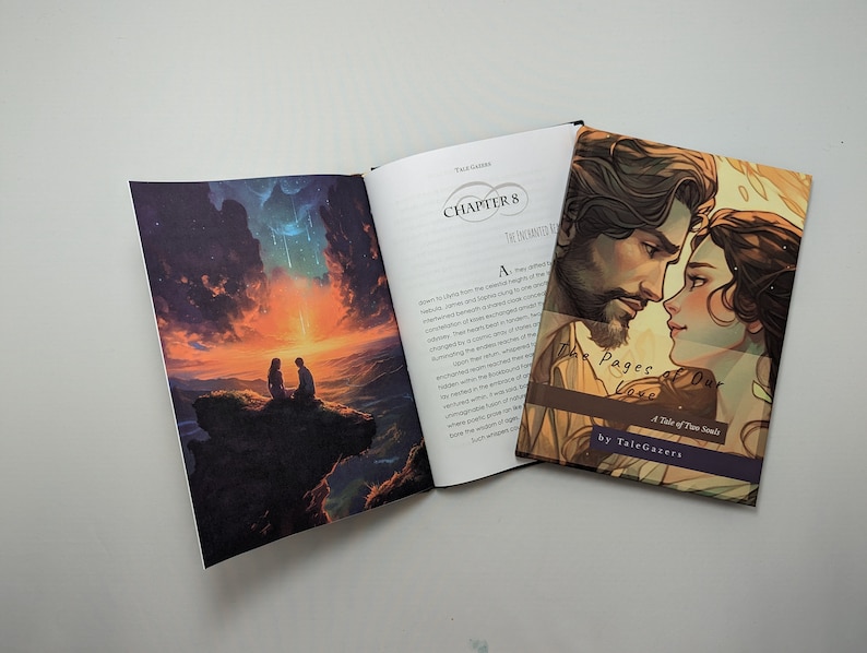 May include: A paperback book titled "The Pages of Our Love: A Tale of Two Souls" by TaleGazers. The cover features a romantic illustration of a couple looking at each other with a starry sky background.