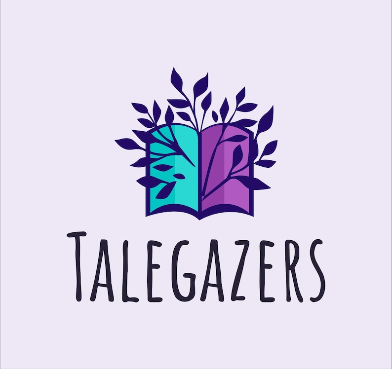 May include: A logo featuring an open book with teal and purple pages, adorned with dark purple leaves and branches. The word "TALEGAZERS" is written in a handwritten style font below the book illustration.