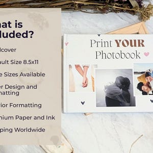May include: A white photobook with the text "Print YOUR Photobook" and three photo inserts. The book includes a hardcover, interior formatting, and premium paper. The default size is 8.5x11 inches.