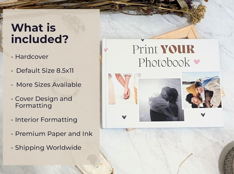 May include: A white photobook with the text "Print YOUR Photobook" and three photo inserts. The book includes a hardcover, interior formatting, and premium paper. The default size is 8.5x11 inches.