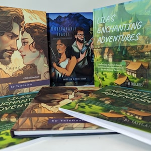 May include: A collection of fantasy novels with illustrated covers. Titles include "The Pages of Our Love," "Unbreakable Hearts," and "Lila's Enchanting Adventures." The books feature colorful artwork and text, with the author's name, TaleGazers, visible.