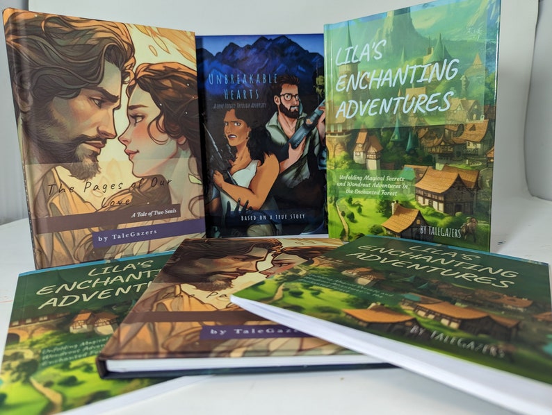 May include: A collection of fantasy novels with illustrated covers. Titles include "The Pages of Our Love," "Unbreakable Hearts," and "Lila's Enchanting Adventures." The books feature colorful artwork and text, with the author's name, TaleGazers, visible.