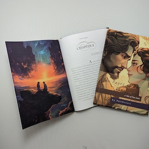 May include: An open book with a colorful illustration of a couple on a cliff overlooking a sunset. The book's cover features a man and woman looking at each other, with the title "The Pages of Our Love" and the author's name.