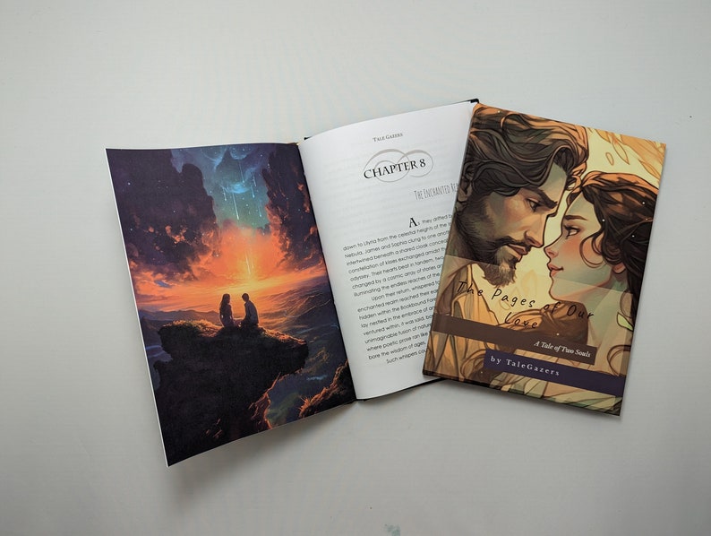 May include: An open book with a colorful illustration of a couple on a cliff overlooking a sunset. The book's cover features a man and woman looking at each other, with the title "The Pages of Our Love" and the author's name.