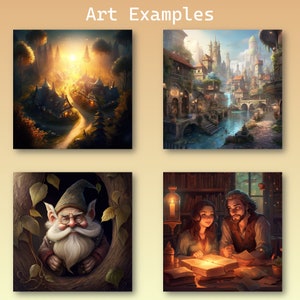 May include: Four digital art illustrations depicting fantasy scenes. The first image shows a village in a forest with a path leading to a glowing light. The second image shows a fantasy city with a river and a waterfall. The third image shows a gnome peeking out from behind a tree. The fourth image shows two people reading a book by candlelight.