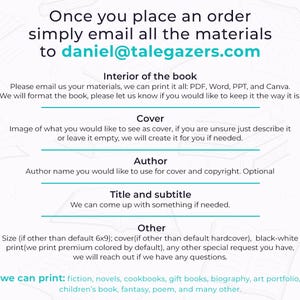Pu&ograve; includere: Grafica bianca con testo sui servizi di stampa di libri. Include istruzioni per inviare via email i materiali a daniel@talegazers.com. Vengono forniti dettagli su interno, copertina, autore, titolo e altre specifiche. I servizi includono narrativa, romanzi, libri di cucina e altro.