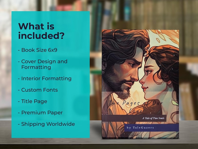 May include: A book cover with an illustration of a man and woman facing each other. The title "The Pages of Our Love" is displayed, along with the author's name. A teal sign lists book details, including size 6x9 inches.