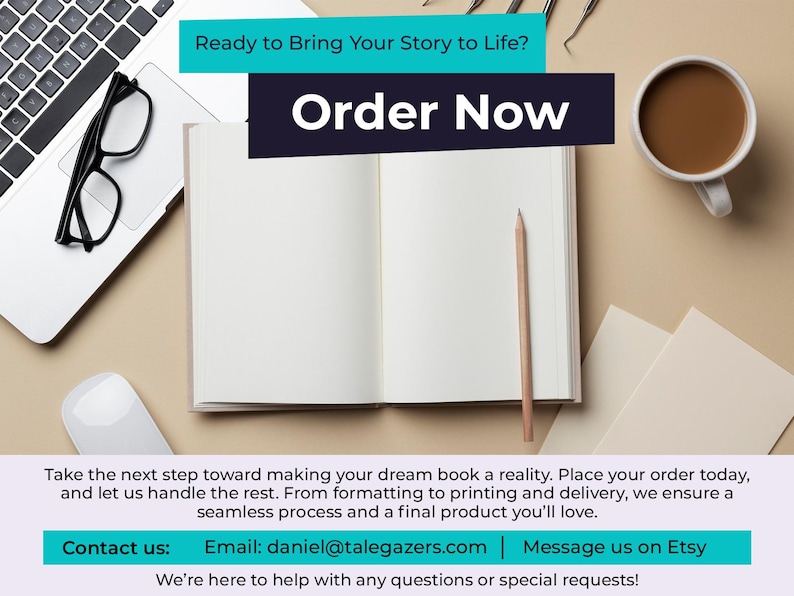 Pu&ograve; includere: Un libro aperto con una matita, un laptop, occhiali e una tazza di caff&egrave;. Il testo "Order Now" &egrave; visualizzato in modo prominente. L'immagine promuove servizi di creazione di libri.