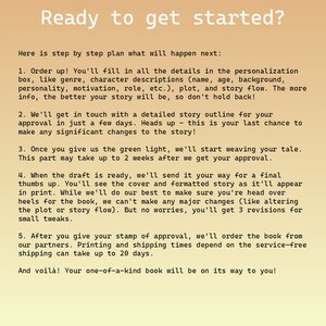 May include: A step-by-step guide on how to create a personalized book. The text explains the process from filling out details to receiving the finished product.