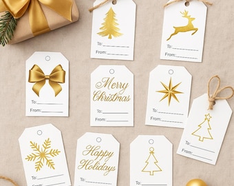 Gouden kerstcadeaukaartjes afdrukbaar | Moderne vakantieset, afdrukbaar, direct downloaden, minimalistisch, chic