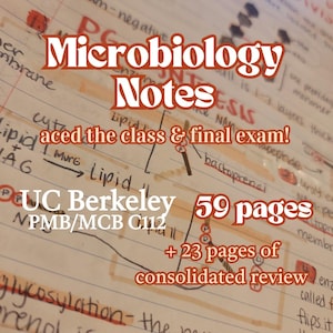 May include: Handwritten "Microbiology Notes" with the text "aced the class & final exam!" and "UC Berkeley". The notes are 59 pages with an additional 23 pages of consolidated review. The notes are written on lined paper.