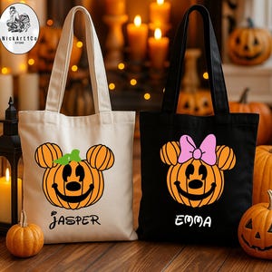 カスタムミッキーミニーパンプキントートバッグ、トリックオアトリートショッピングバッグ、パーソナライズハロウィントートバッグ、カスタムネームトートバッグ、トリックオアトリートバッグ