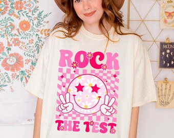 Comfort Colors® Retro Groovy Test Day Rock The Test Smile Hippie Pink Shirt, Test Day Shirt,Staar Test Squad,State Testing Shirt,School Test