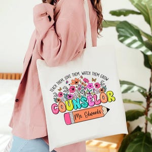 Personalized Counselor Tote Bag, Custom Name Floral Pencil Design, School Counselor Appreciation Gift, Reusable Canvas Bag