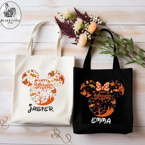 カスタムミッキーミニーパンプキントートバッグ、トリックオアトリートショッピングバッグ、ハロウィントートバッグ、カスタムネームトートバッグ、トリックオアトリートパーソナライズバッグ