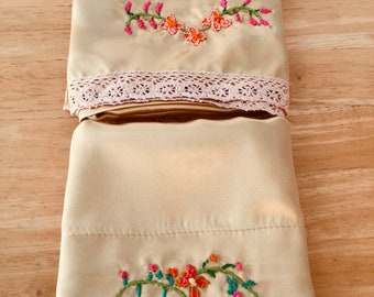 Hand Embroidered Satin Pillowcases- Queen Size