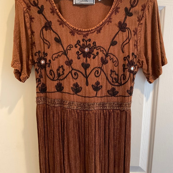 Bohemian Style Vintage Brown Rayon Long Dress/ 1980’s “Hippie Dress, Size: M. Made by Select