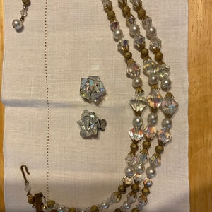 Vintage Aurora Borealis Necklace and Earrings Set/ Aurora Borealis with Pearl and Goldtone Beaded Necklace and Matching Earrings 1950’s