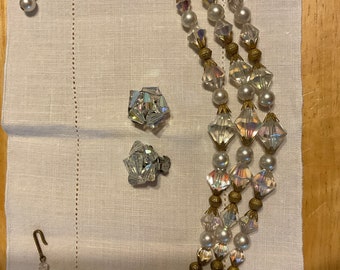 Vintage Aurora Borealis Necklace and Earrings Set/ Aurora Borealis with Pearl and Goldtone Beaded Necklace and Matching Earrings 1950’s