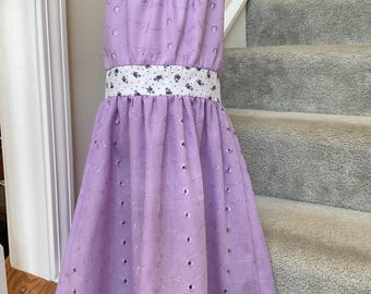 Handmade Lilac Eyelet Sundress, Floral Waistband, Size 7