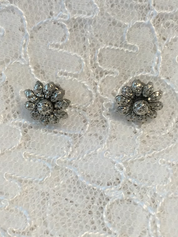 Antique 1800’s Silver Flower Stud Earrings - image 3
