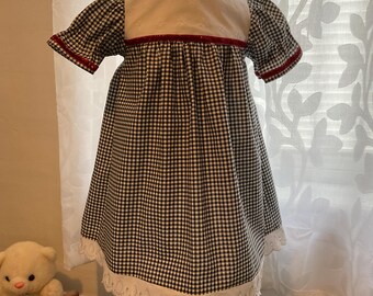 Handmade Christmas Gingham Infant Dress: Black, Red Ribbon, Size 12 Months