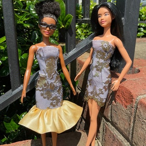 Handmade Fashion Doll Cocktail Dress Set/ Fashion Doll Sparkly Dress Set in Gold and Black