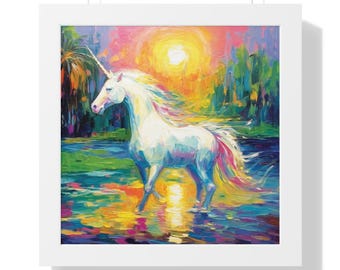 Impresión de unicornio - Arte de unicornio - Arte mural de unicornio - Póster de unicornio enmarcado - Una combinación perfecta de elegancia y fantasía - Regalos para amantes de los unicornios...