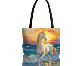 Einkaufstasche | Pferde Themen Einkaufstasche "Weißes Pferd der Ozean Gelassenheit" | Kunst-Druck Pferde-Design-Einkaufstasche | Perfekt für Pferdeliebhaber ...
