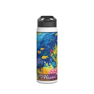 Tropical Hawaiian Water Bottle | Stainless Steel Bottle With Oil Painting Art Print | Eco-Friendly Gift Idea | Stainless Steel Water Bottle