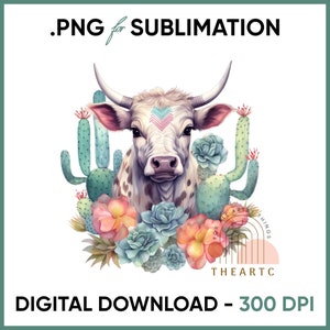 Cow PNG Cow sublimation digital download cactus and flower sublimation Western clipart calf PNG clipart for sublimation