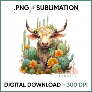 Cow PNG Cow sublimation digital download cactus and flower sublimation Western clipart calf PNG clipart for sublimation
