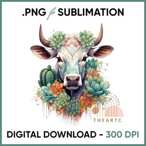 Cow PNG Cow sublimation digital download cactus and flower sublimation Western clipart calf PNG clipart for sublimation