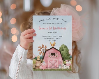 Editable Pink Birthday Farm Friends Invitation Template with Matching Smartphone Invite for Girl