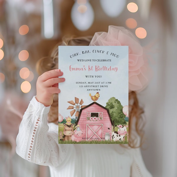 Editable Pink Birthday Farm Friends Invitation Template with Matching Smartphone Invite for Girl