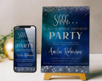 Editable Blue and Silver Surprise Party Birthday Party Invitation Template with Matching Smartphone Invite